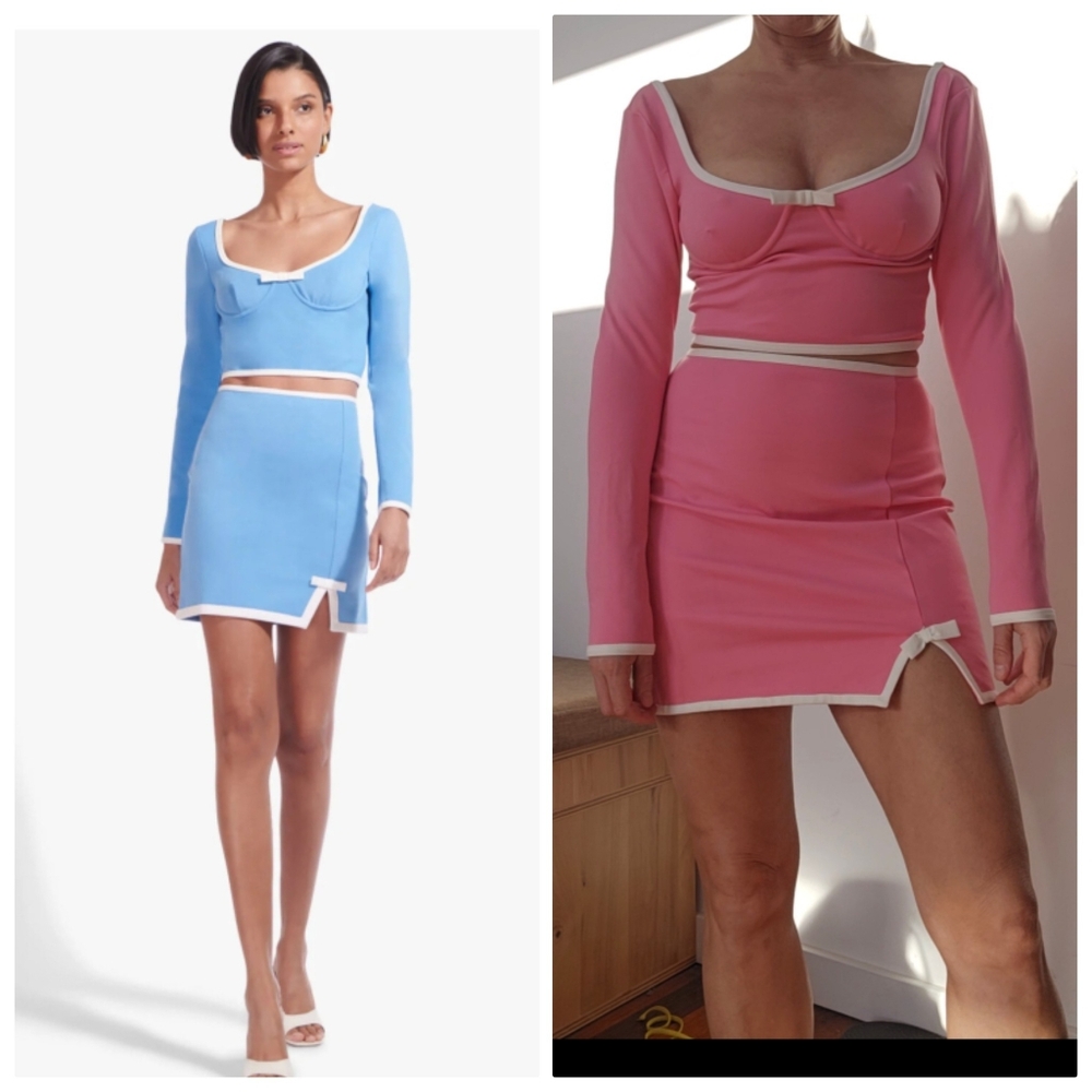 Nwt STAUD Preppy Piping Pink SET;Elle Woods Long Sleeve Bustier Top + Skirt s